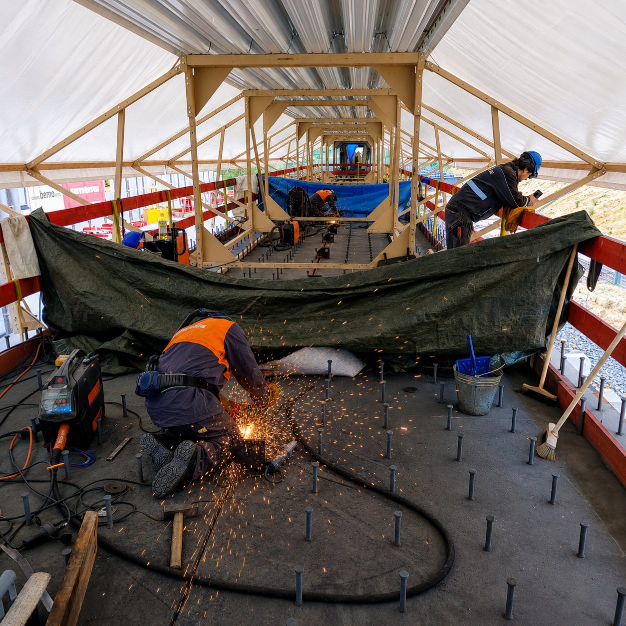 Welding a steel bridge deck under a weather enclosure, Gottleubatalbrücke – Michal Pernica
